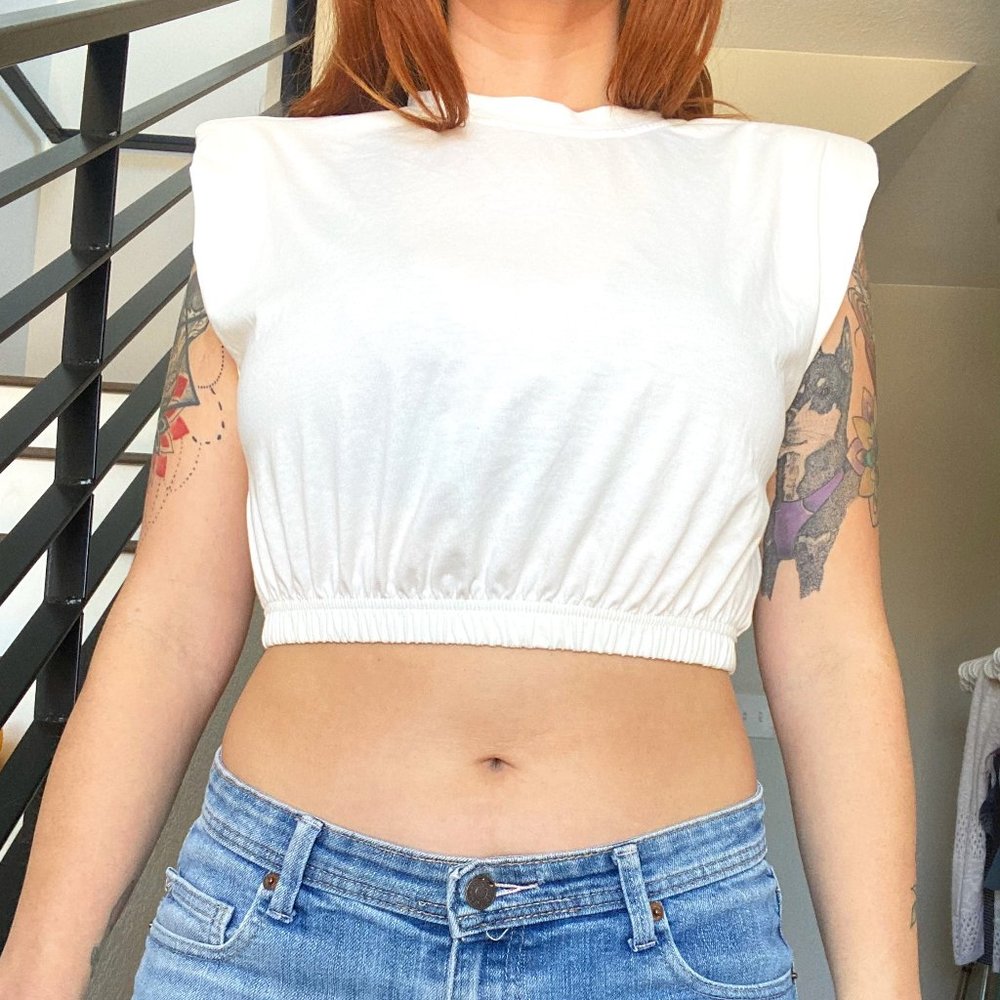 White Bubble Crop Top w/Shoulder Pads